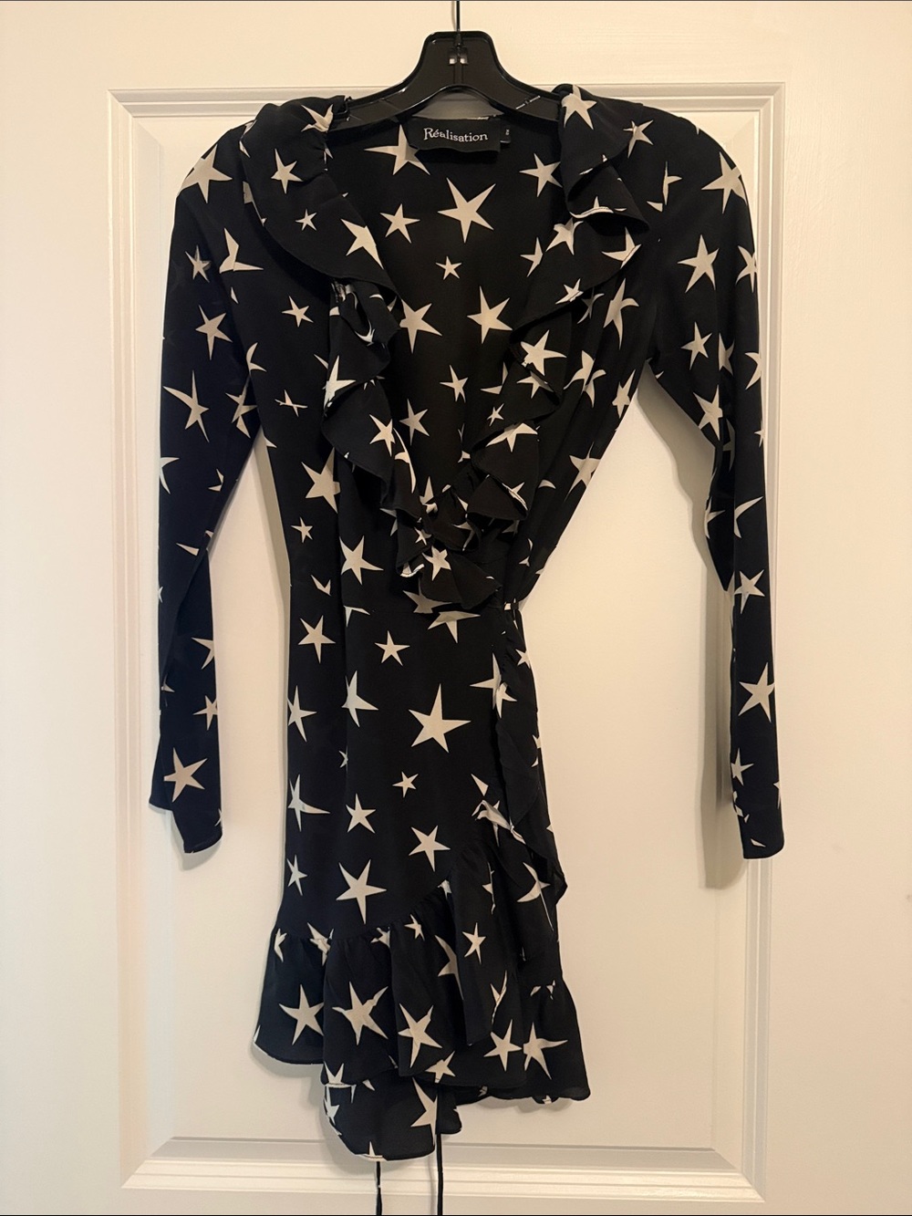 Realisation Par Black Star-Print Ruffle Wrap Dress